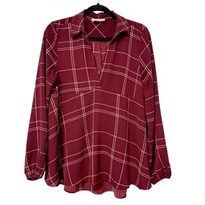 Coverstitched Long Sleeve V Neck Top Blouse‎ Crimson Red White Plaid Medium